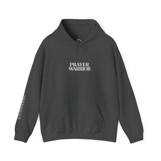 Prayer Warrior Hoodie – Ephesians 6:11 Christian Streetwear | ServantOfGod (White Text)