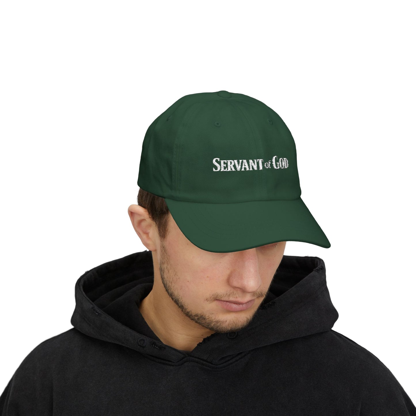 Servant of God™ Dad Cap — Minimalist Christian Embroidered Hat (white text)