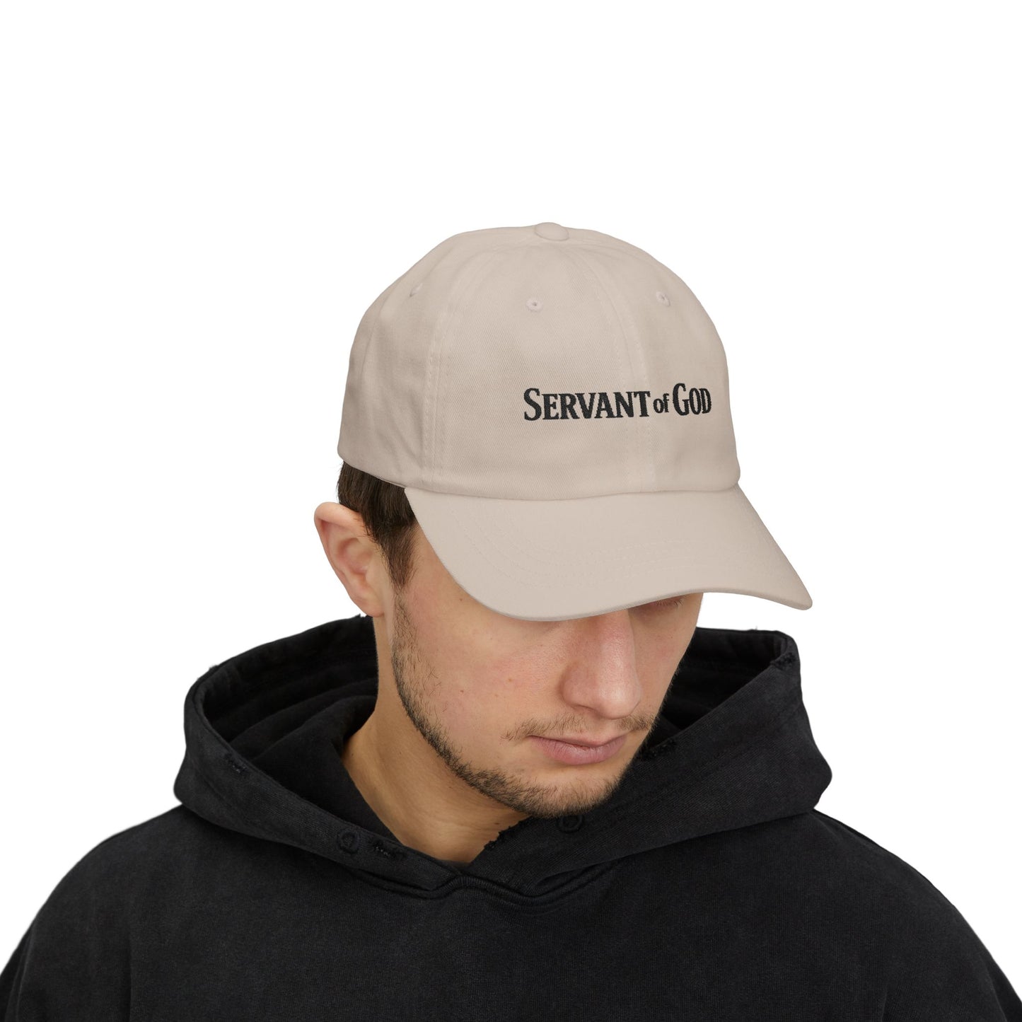 Servant of God Dad Cap — Minimalist Christian Embroidered Hat (black letters)
