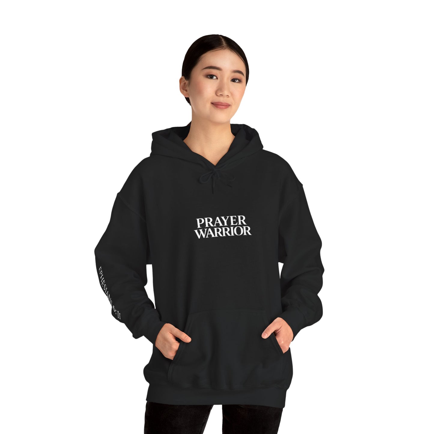 Prayer Warrior Hoodie – Ephesians 6:11 Christian Streetwear | ServantOfGod (White Text)