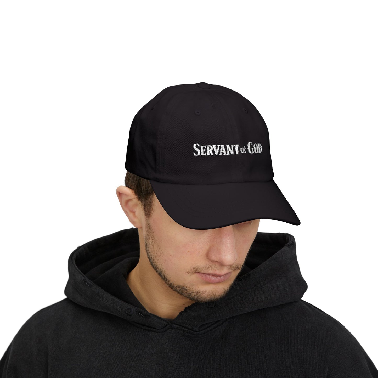 Servant of God™ Dad Cap — Minimalist Christian Embroidered Hat (white text)