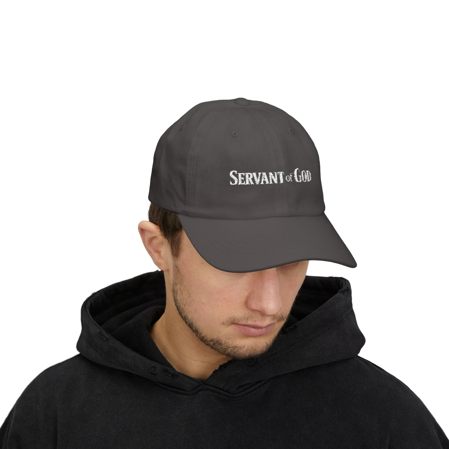 Servant of God™ Dad Cap — Minimalist Christian Embroidered Hat (white text)