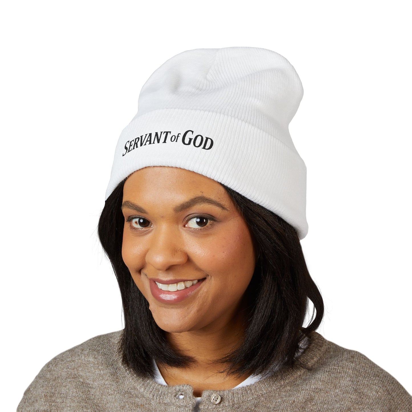 Servant of God Embroidered Beanie — Minimalist (black letters) Cuffed Knit